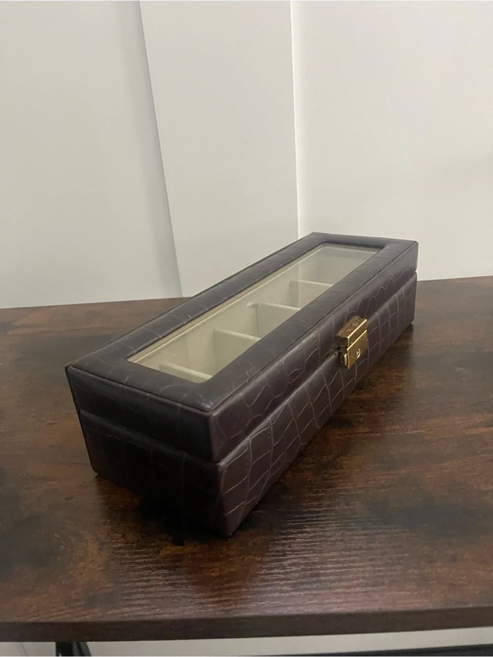Leather-Look Dark Brown Watch Storage Case with Glass Top